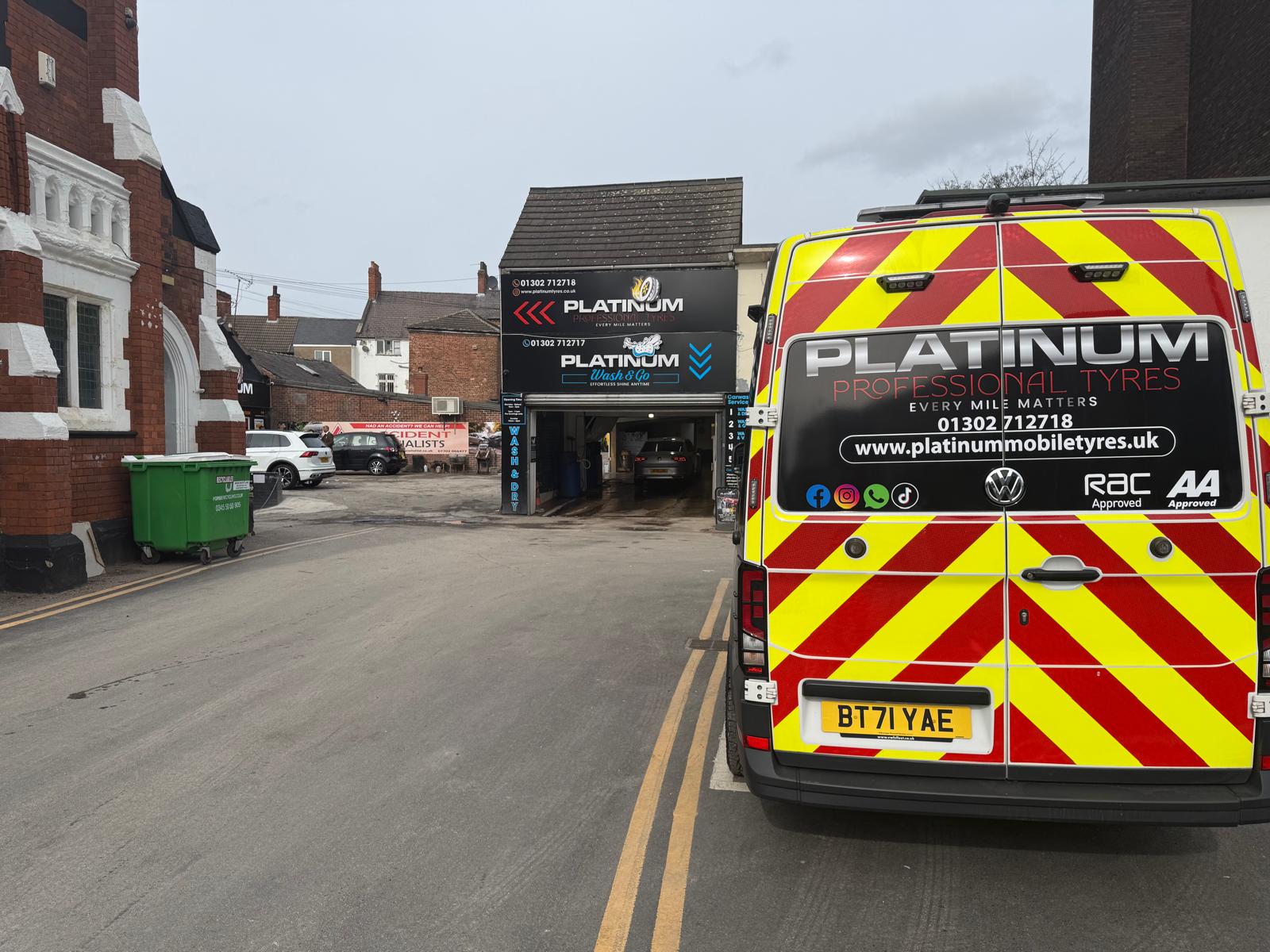 The Platinum Tyres workshop and mobile van on Waterdale, Doncaster